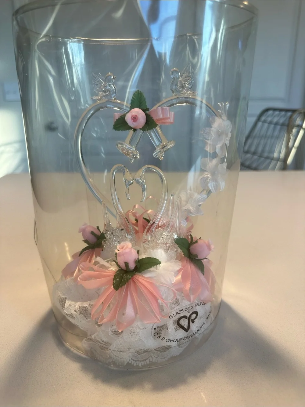 NIB Lomey Mfg Vintage Glass Swan and Heart Cake Topper